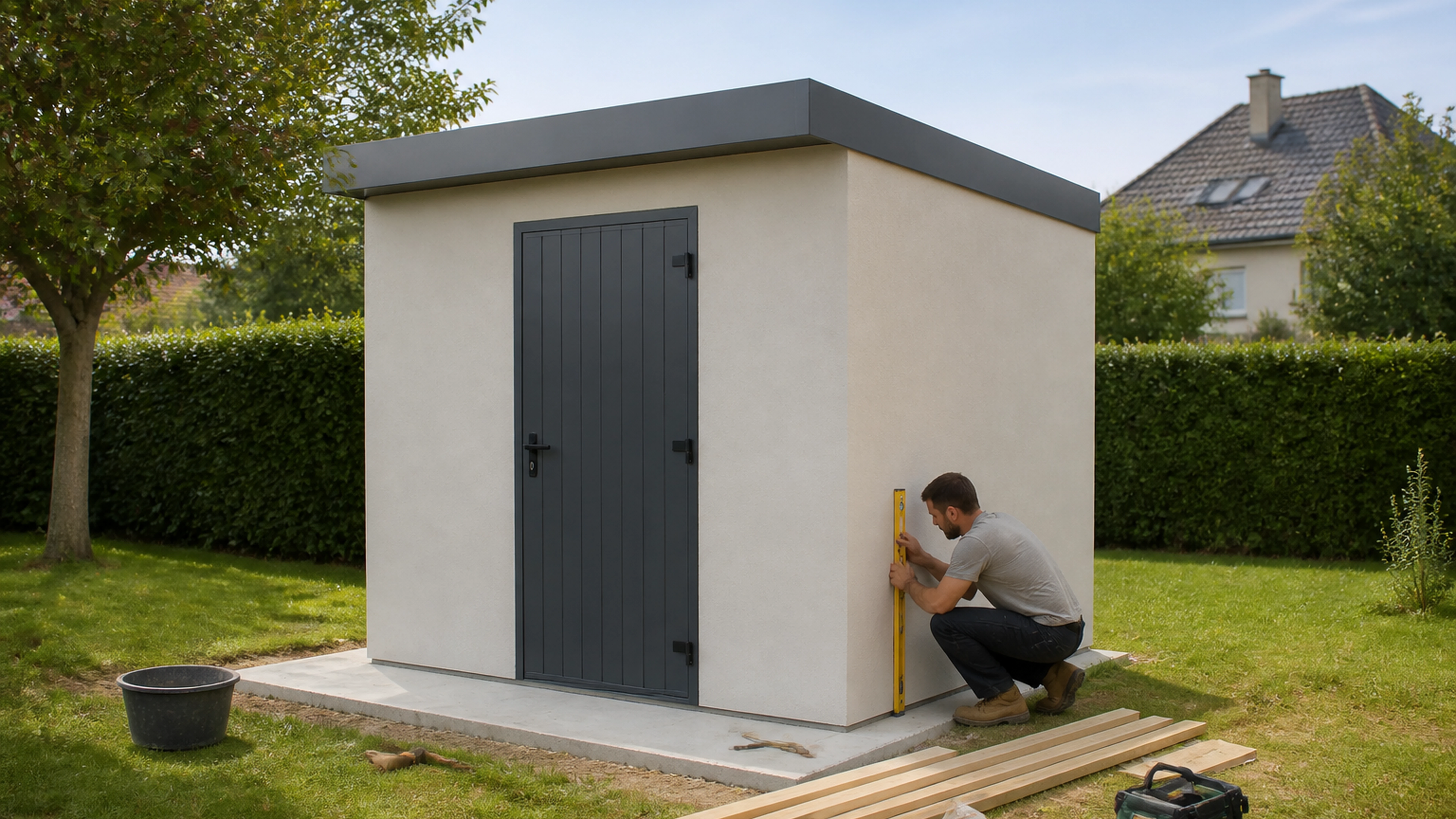 Illustration éditoriale pour l’article « Réussir l'installation d'un abri de jardin en dur toit plat »