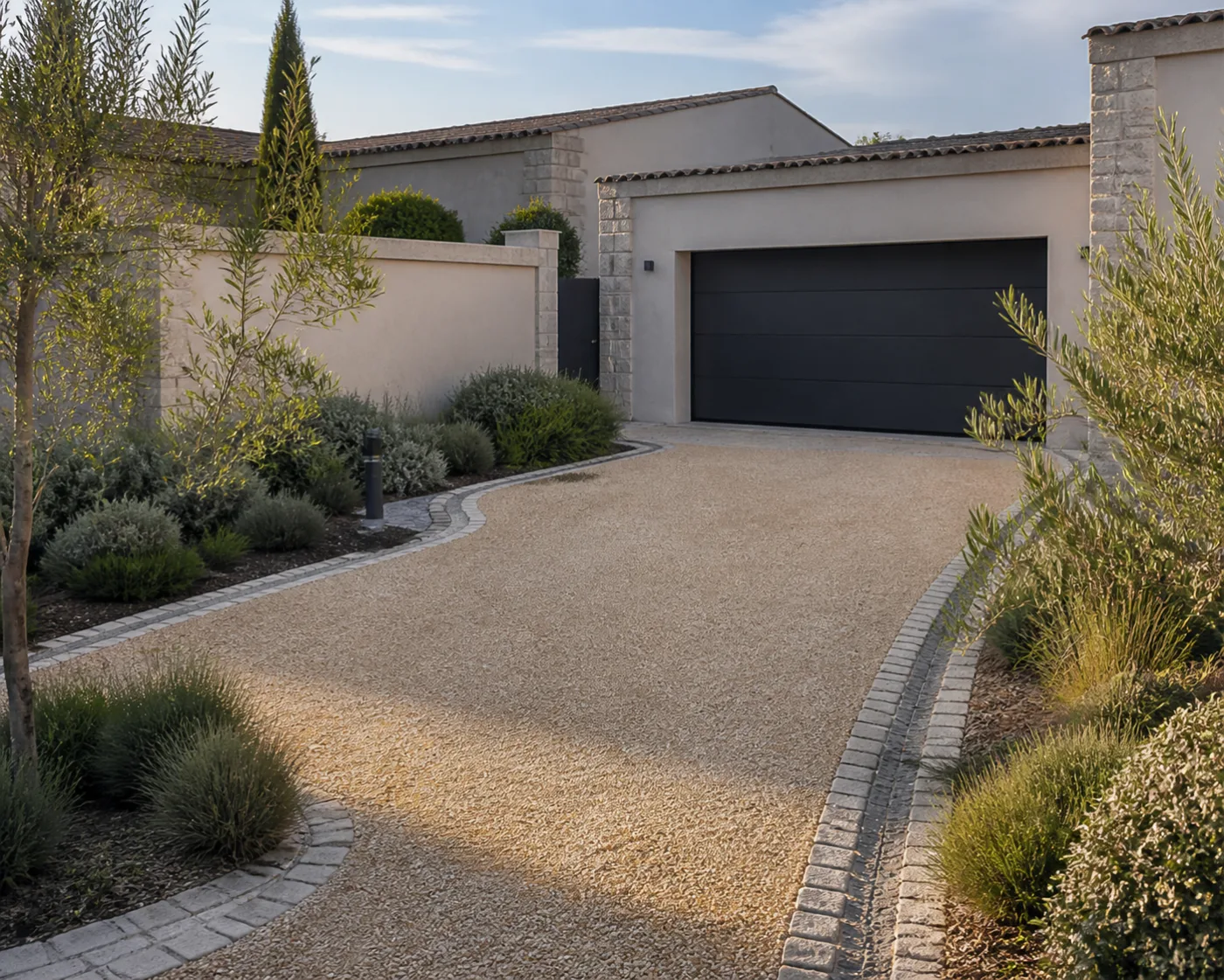 Allée de garage moderne en gravier stabilisé