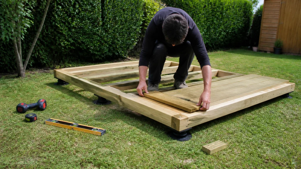 Illustration éditoriale pour l’article « Faire un plancher pour abri de jardin : les étapes clés »