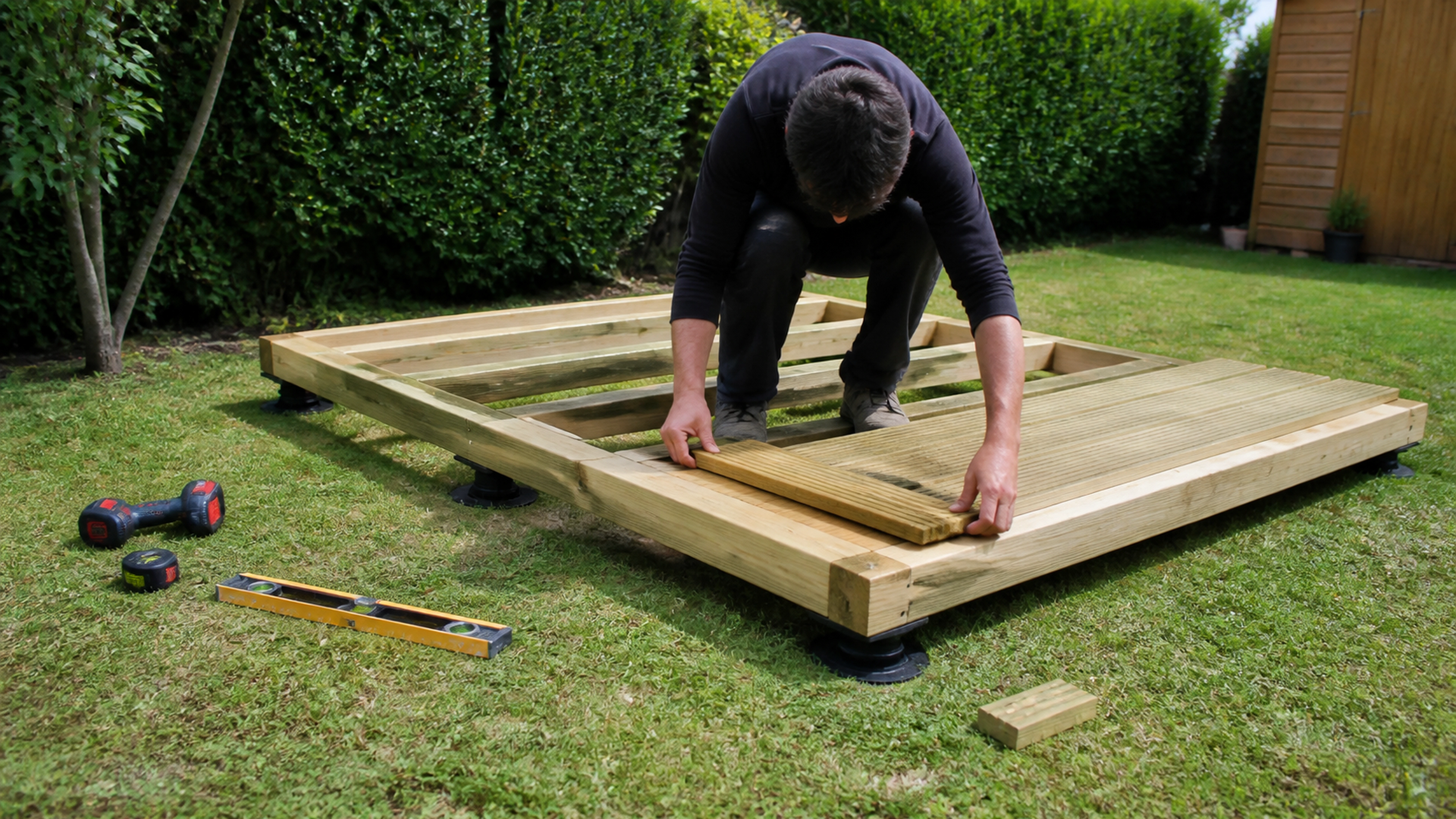 Illustration éditoriale pour l’article « Faire un plancher pour abri de jardin : les étapes clés »