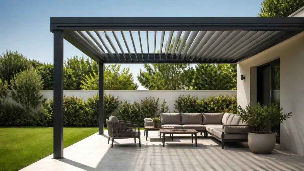 Illustration éditoriale pour l’article « Tout savoir sur le systeme lame orientable pour pergola »