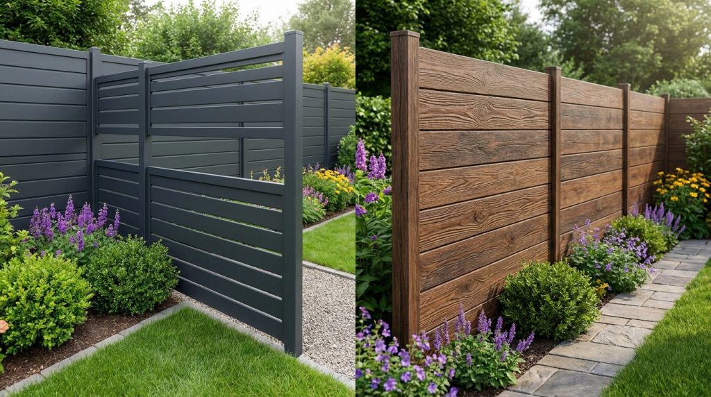 Comparaison entre une clôture moderne en aluminium gris anthracite et une clôture en bois composite aspect naturel.