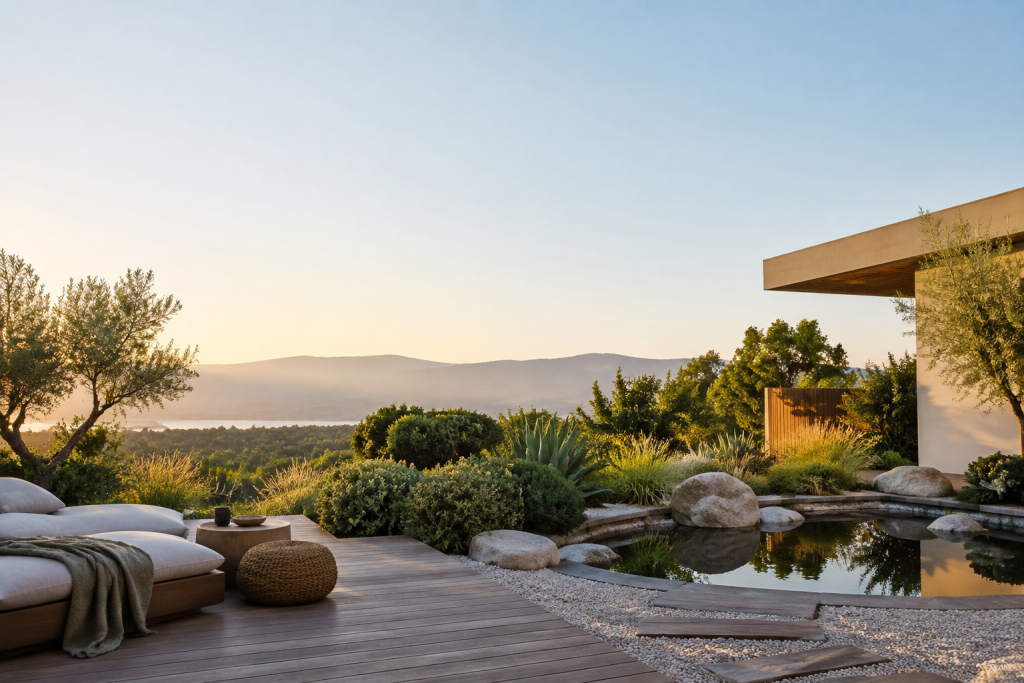 Jardin zen avec terrasse en bois, bassin et vue panoramique.