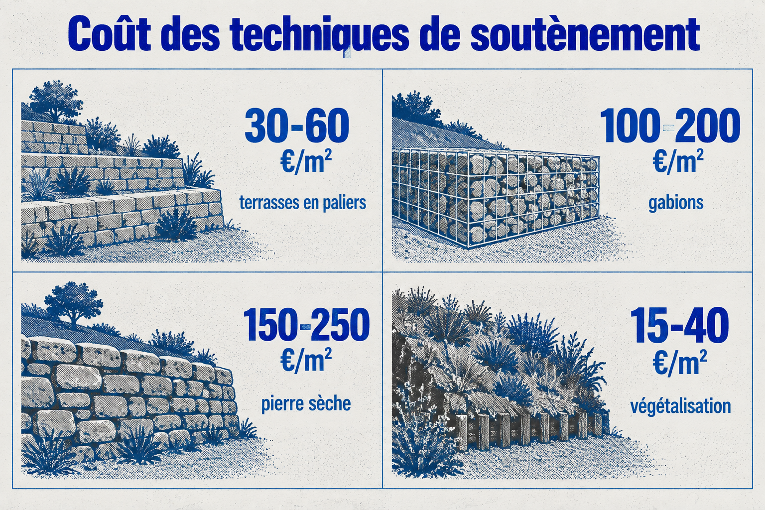 Quatre techniques de soutènement avec leur prix au m² : terrasses en paliers 30-60 €, gabions 100-200 €, pierre sèche 150-250 €, végétalisation 15-40 €.
