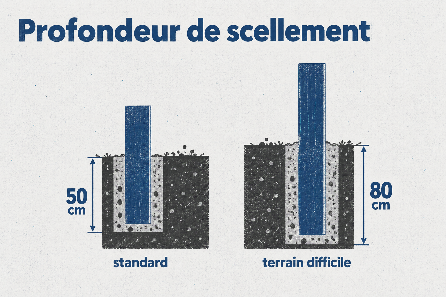 La profondeur de scellement recommandée est de 50 centimètres en terrain standard, et jusqu'à 80 centimètres sur terrain difficile.
