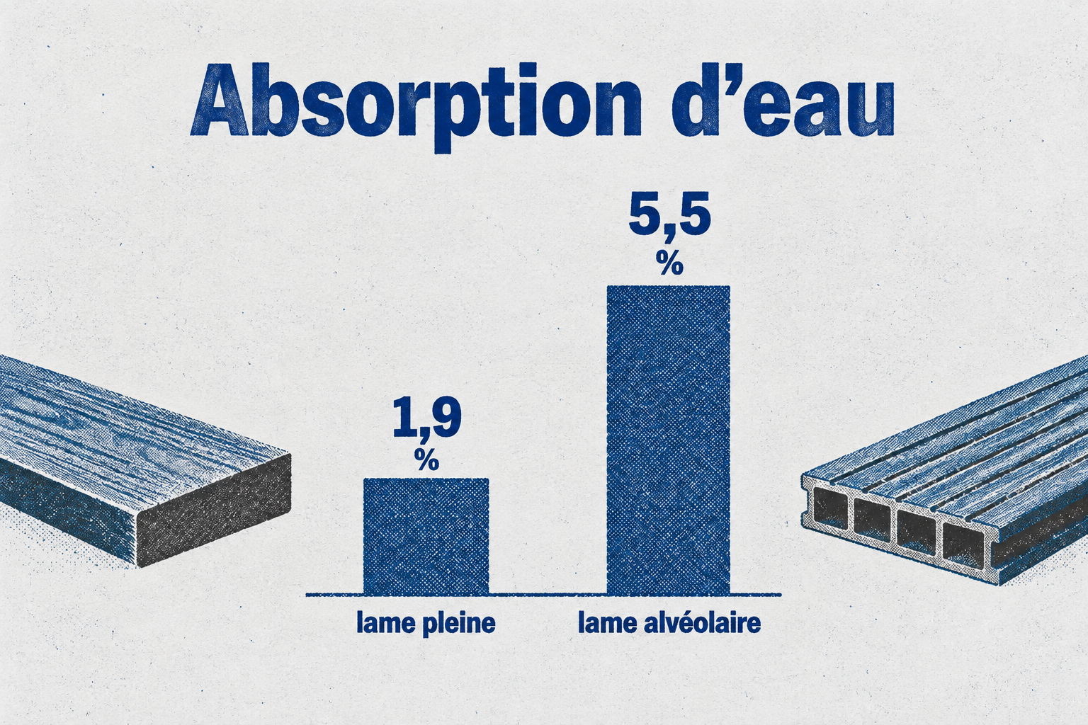 Deux barres verticales comparant l'absorption d'eau : 1,9 % pour la lame pleine, 5,5 % pour la lame alvéolaire.