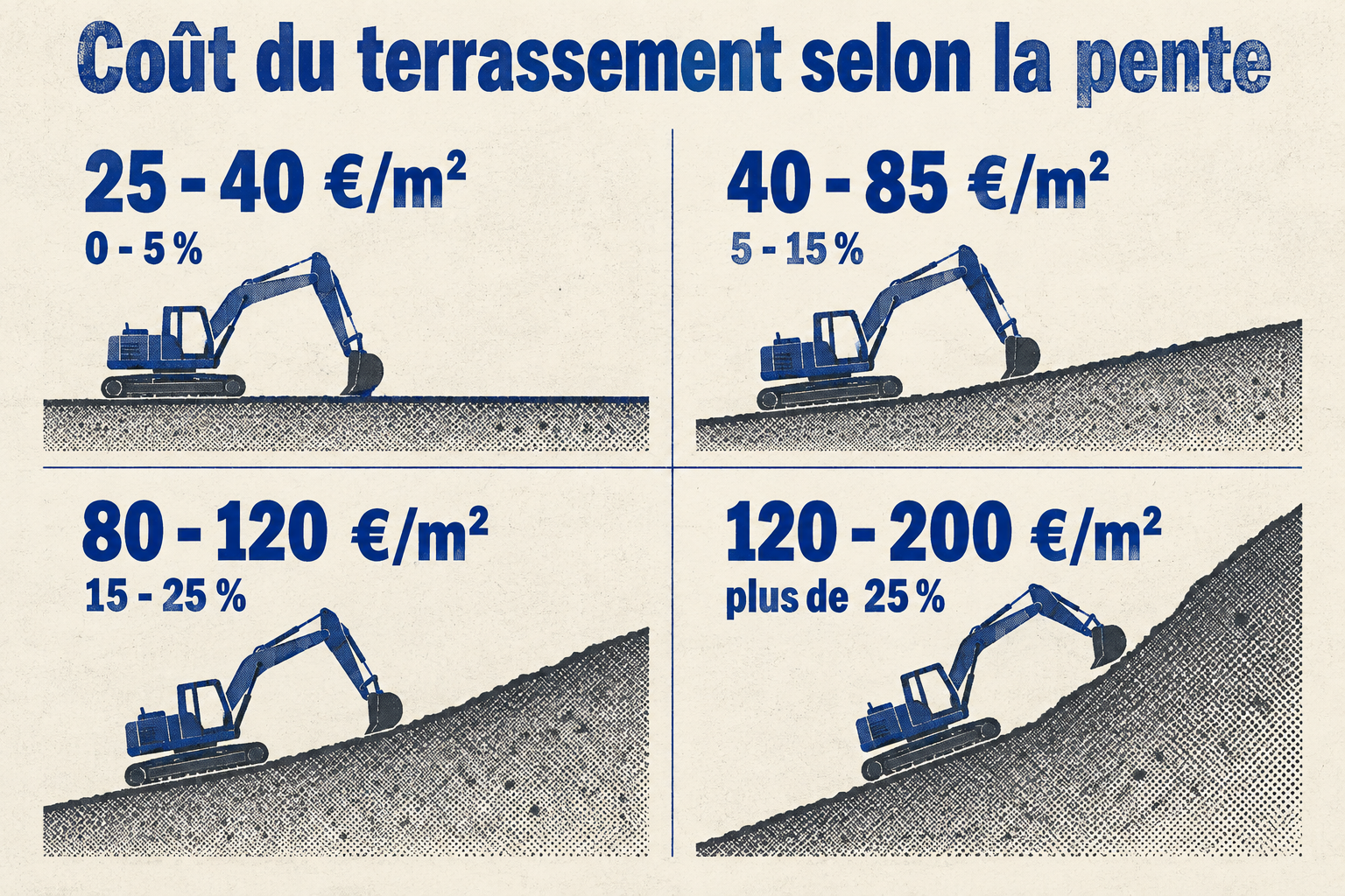 Barème 2026 du terrassement selon la pente : 25-40 €/m² pour 0-5 %, 40-85 € pour 5-15 %, 80-120 € pour 15-25 %, 120-200 € pour plus de 25 %.