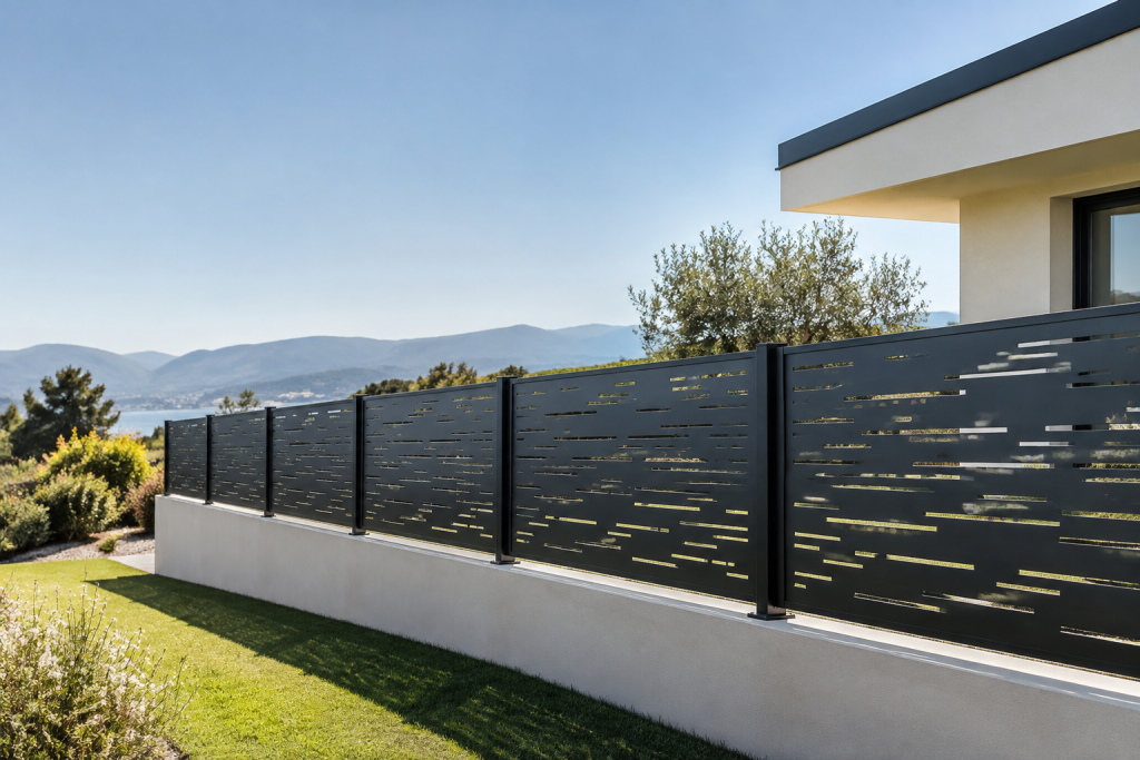 Clôture décorative en métal noir ajouré sur un muret extérieur.