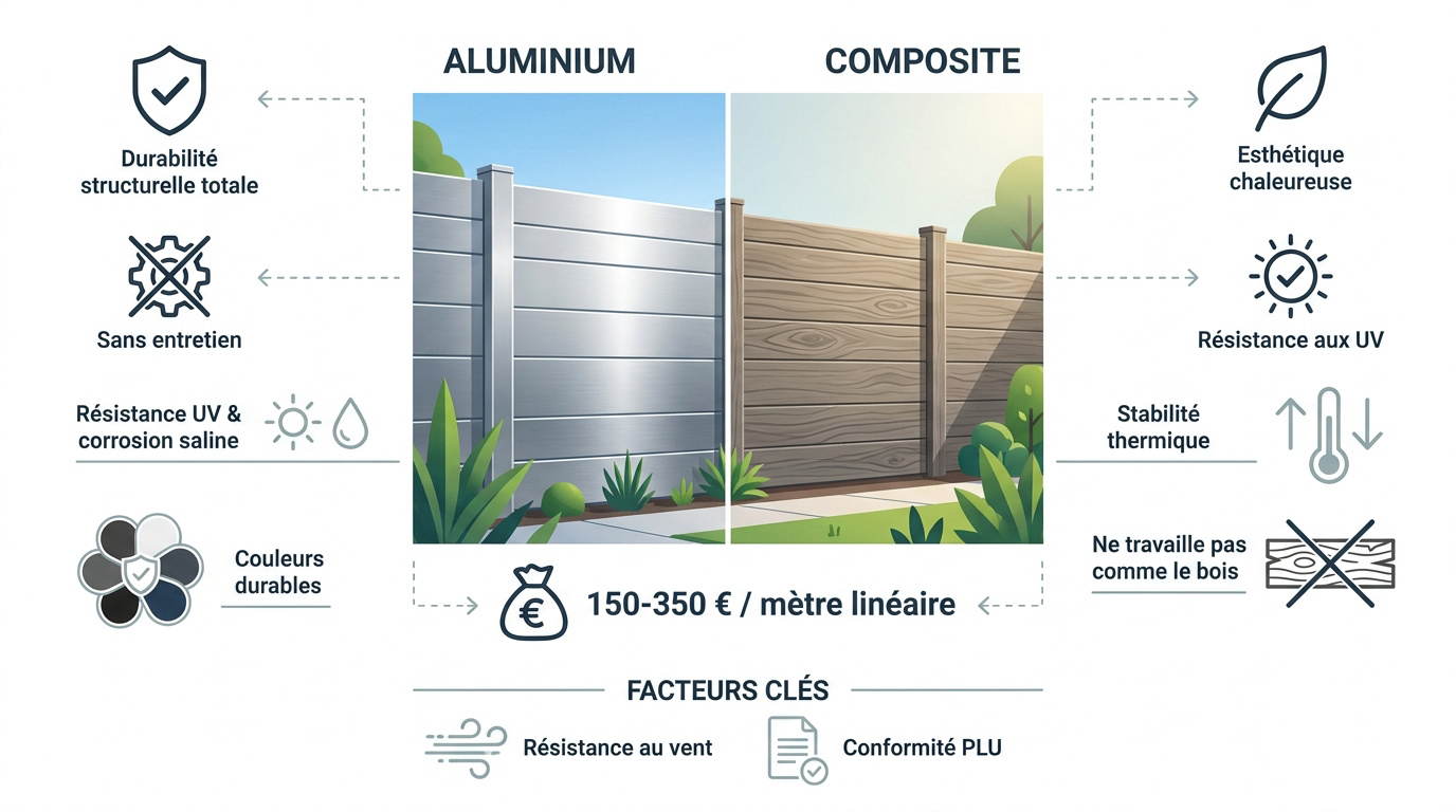 Comparaison visuelle entre une clôture en aluminium moderne et une clôture en composite aspect bois dans un jardin