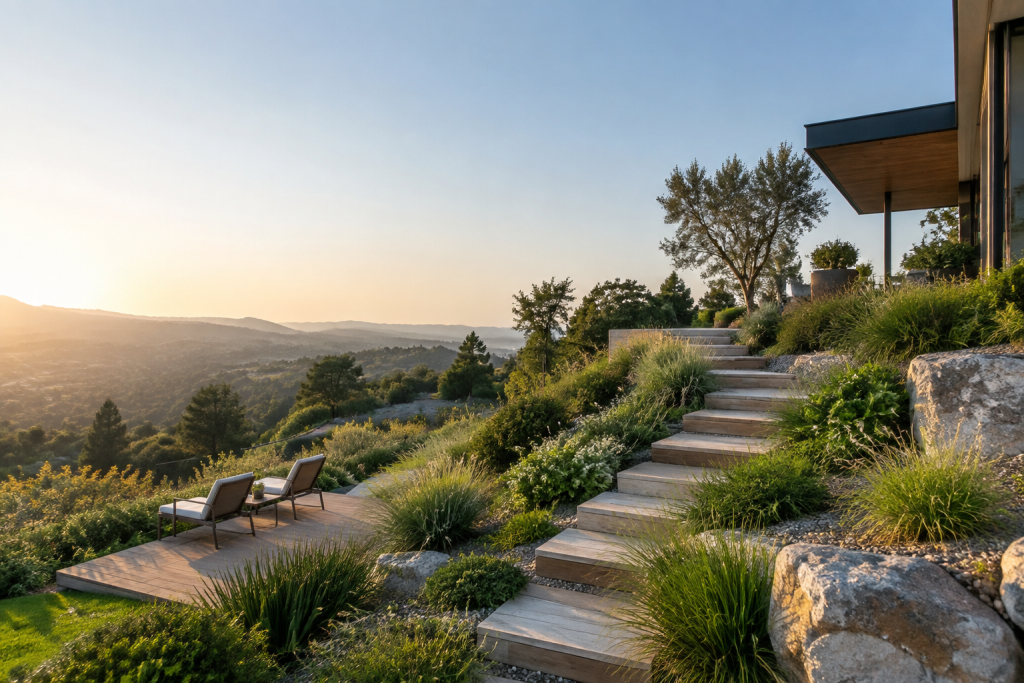 Escaliers en bois traversant un jardin en terrasse avec vue panoramique au coucher du soleil.