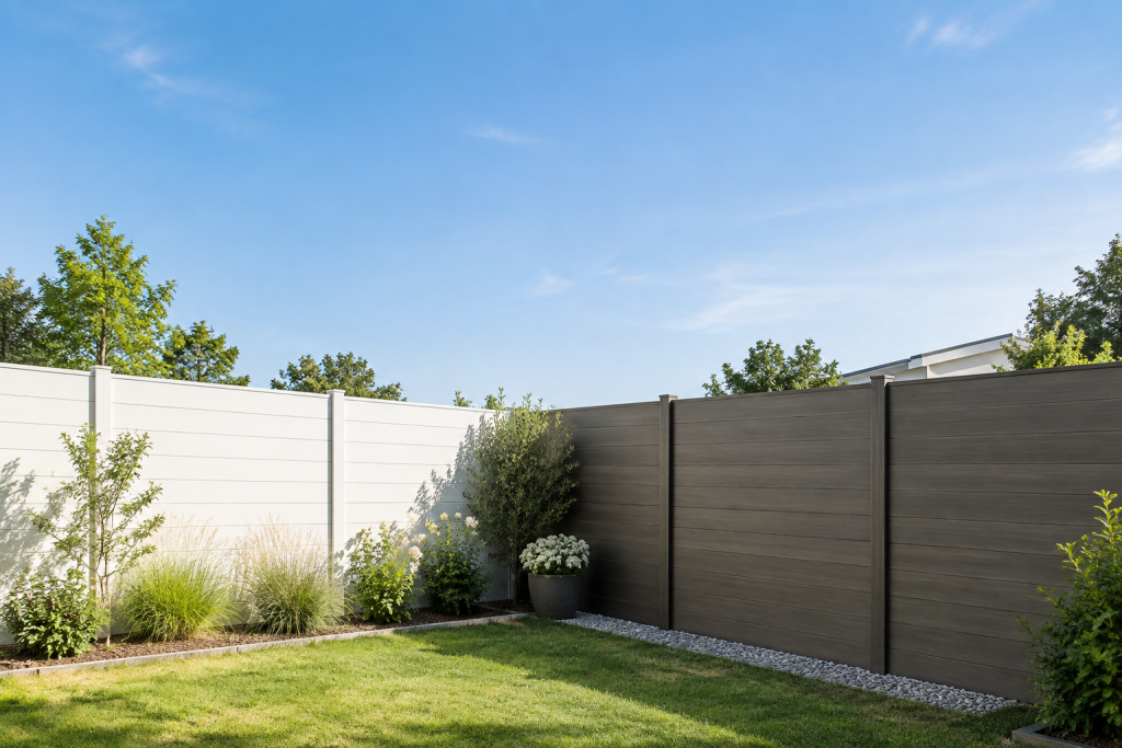 Clôture de jardin combinant des panneaux blancs et gris foncé entourant un espace vert sous un ciel bleu dégagé.