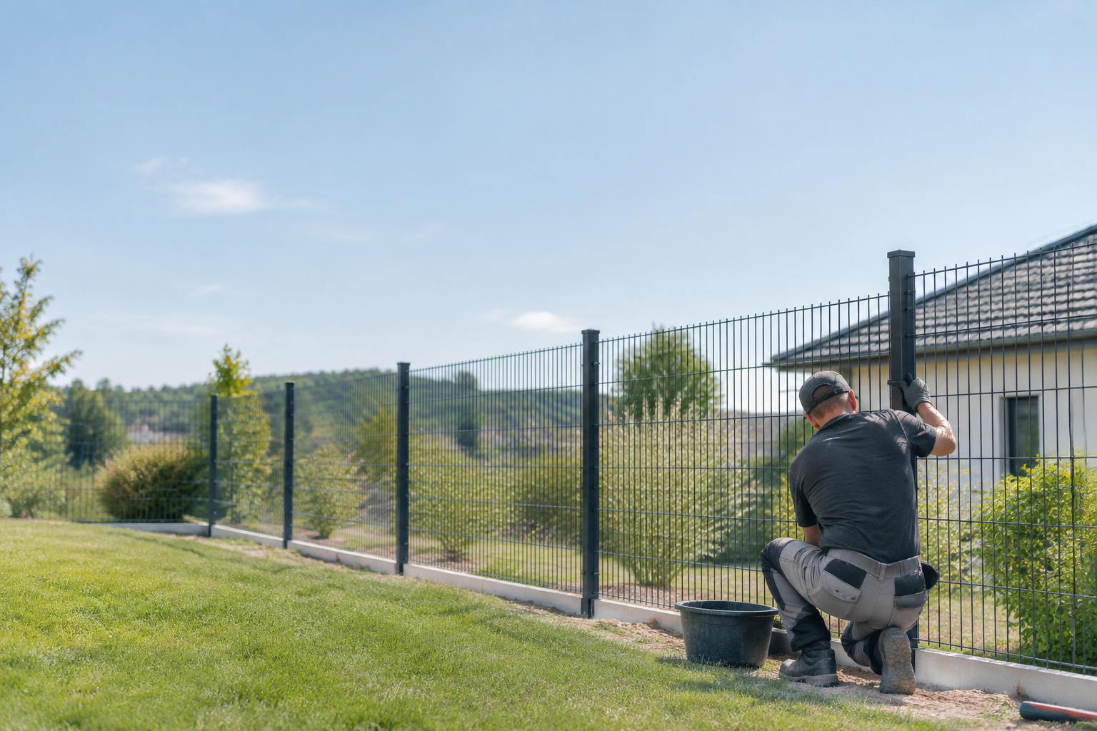 Un artisan installe une clôture en panneaux rigides noirs dans un jardin sous un ciel ensoleillé.