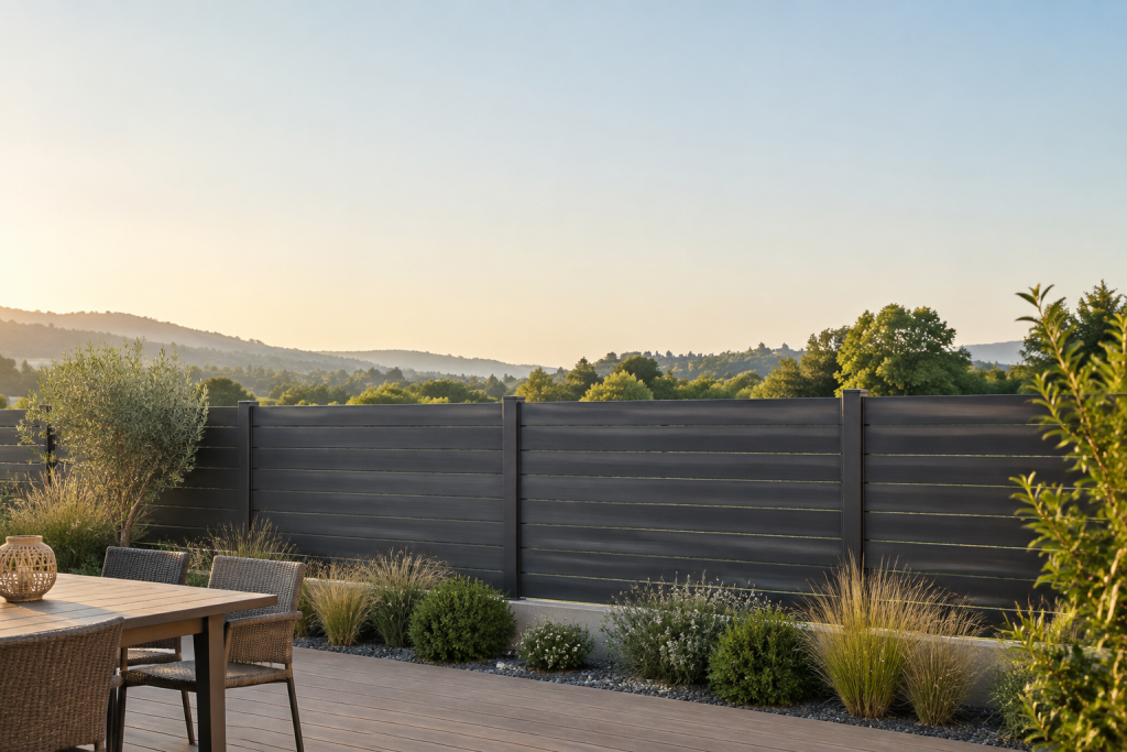 Terrasse moderne avec une clôture composite sombre, vue sur un paysage vallonné au soleil couchant.