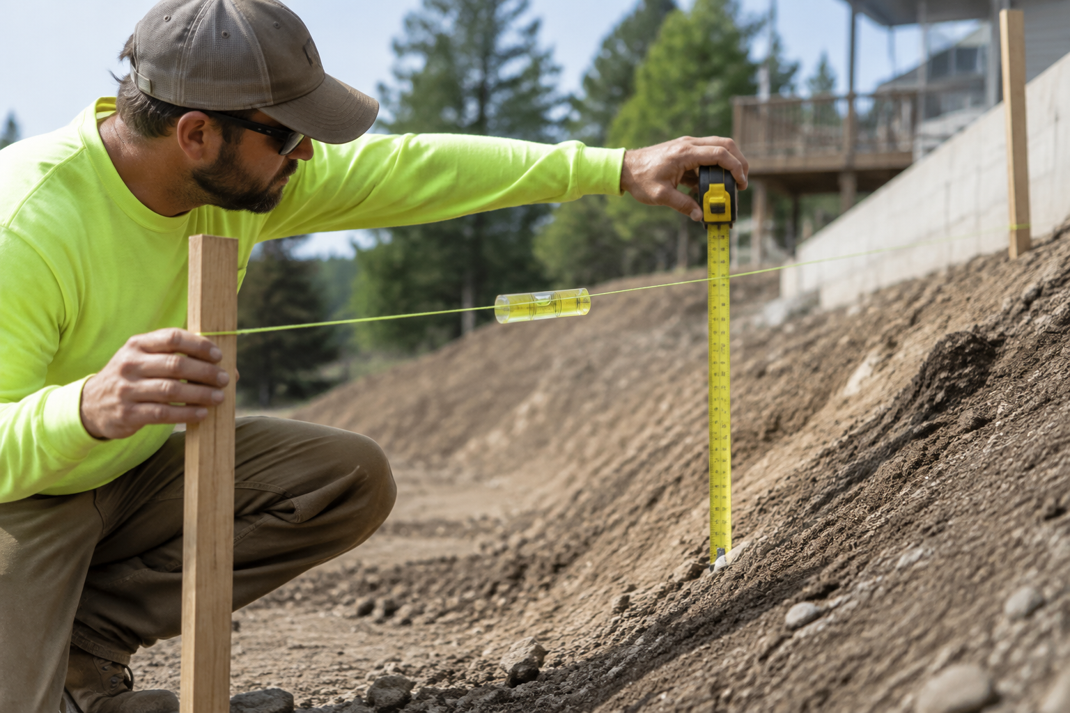 Mesure de la pente avec un niveau à cordeau sur le terrain