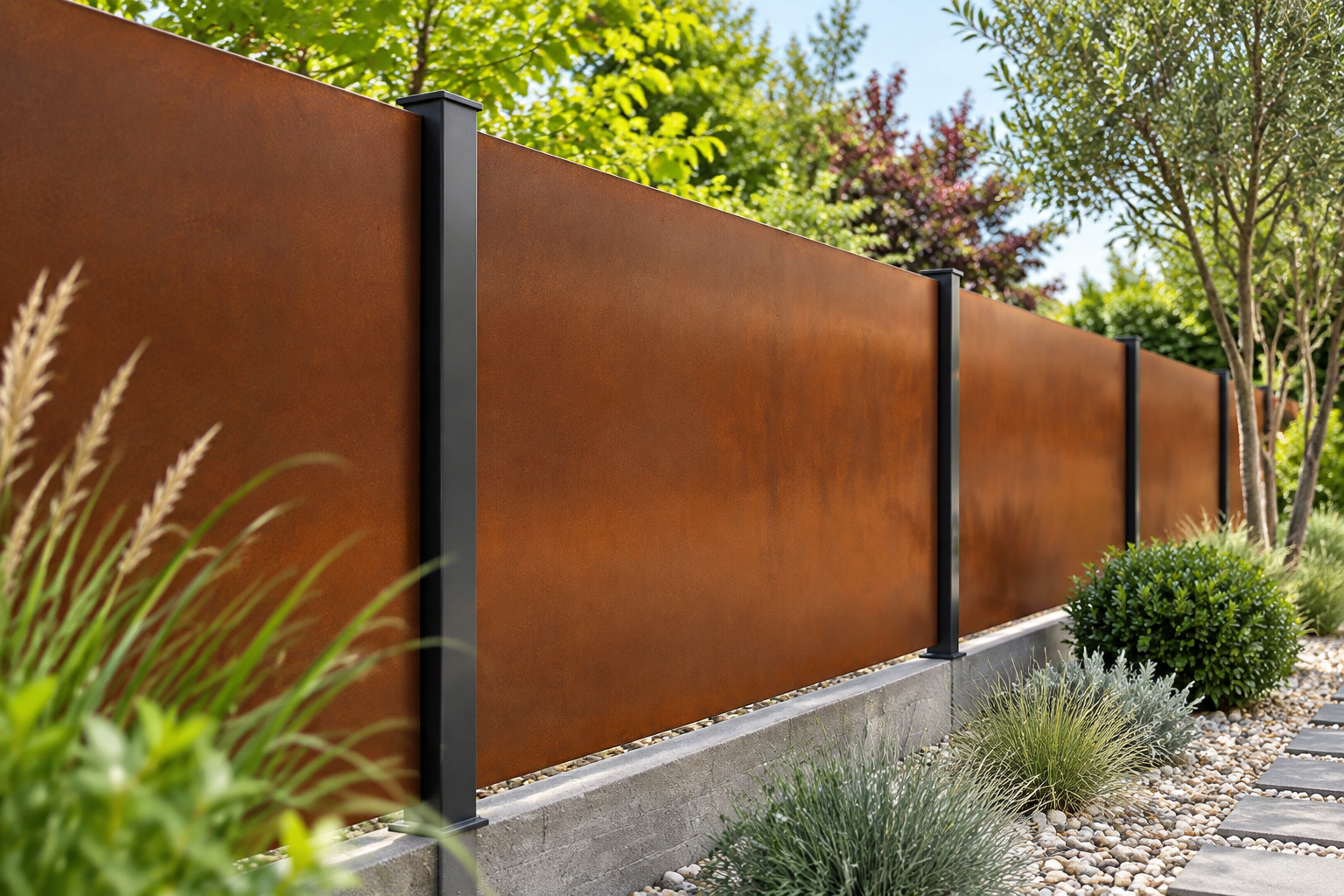Clôture en acier Corten avec patine orange-brun