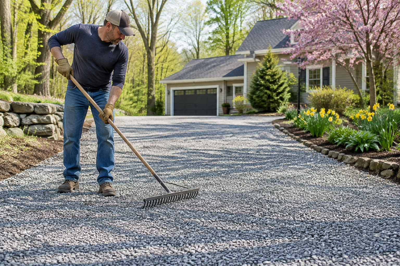 Ratissage du gravier d'une allée au printemps