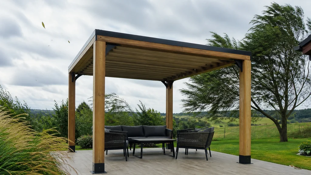Illustration éditoriale pour l’article « Pergola et vent : comment assurer une résistance maximale »