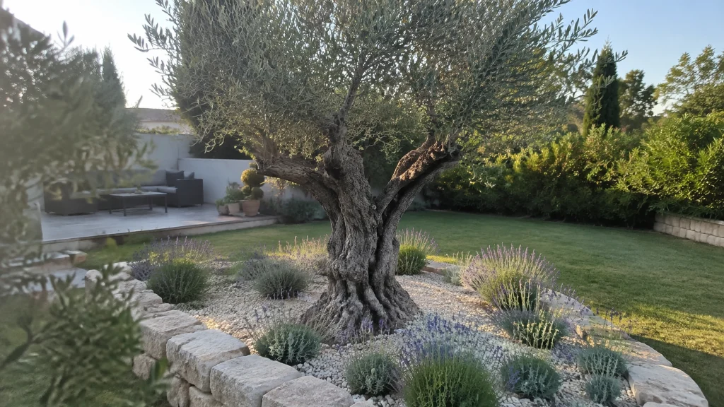 Illustration éditoriale pour l’article « Réussir l'aménagement de votre jardin avec un olivier »