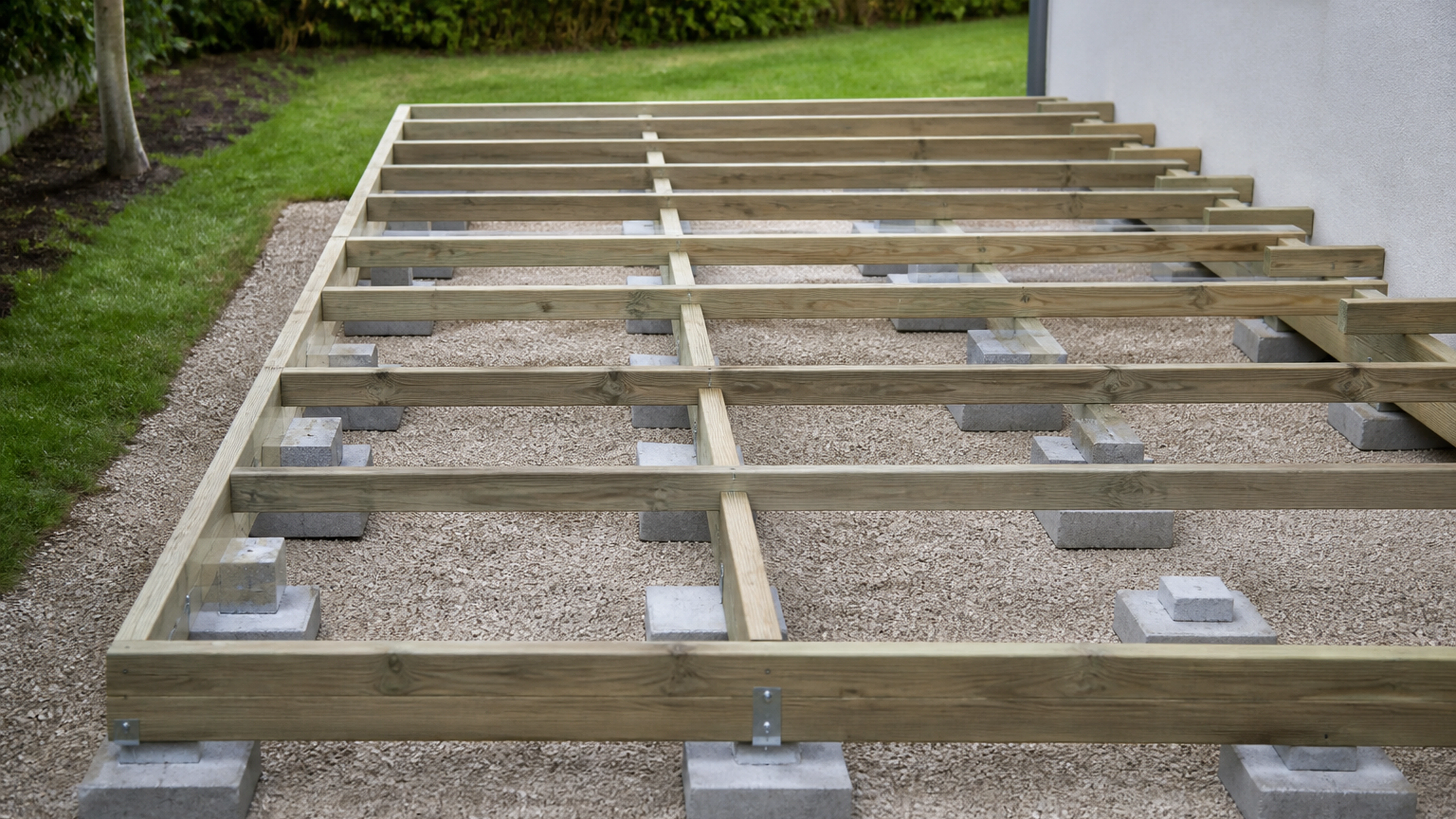 Illustration éditoriale pour l’article « Réussir votre structure de terrasse bois sur plot béton »