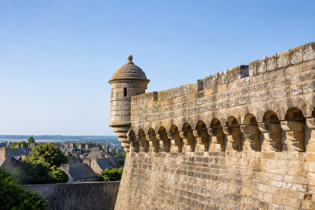 Vue latérale d'un mur de fortification médiéval en pierre avec une échauguette et des barbacanes sous le chemin de ronde.