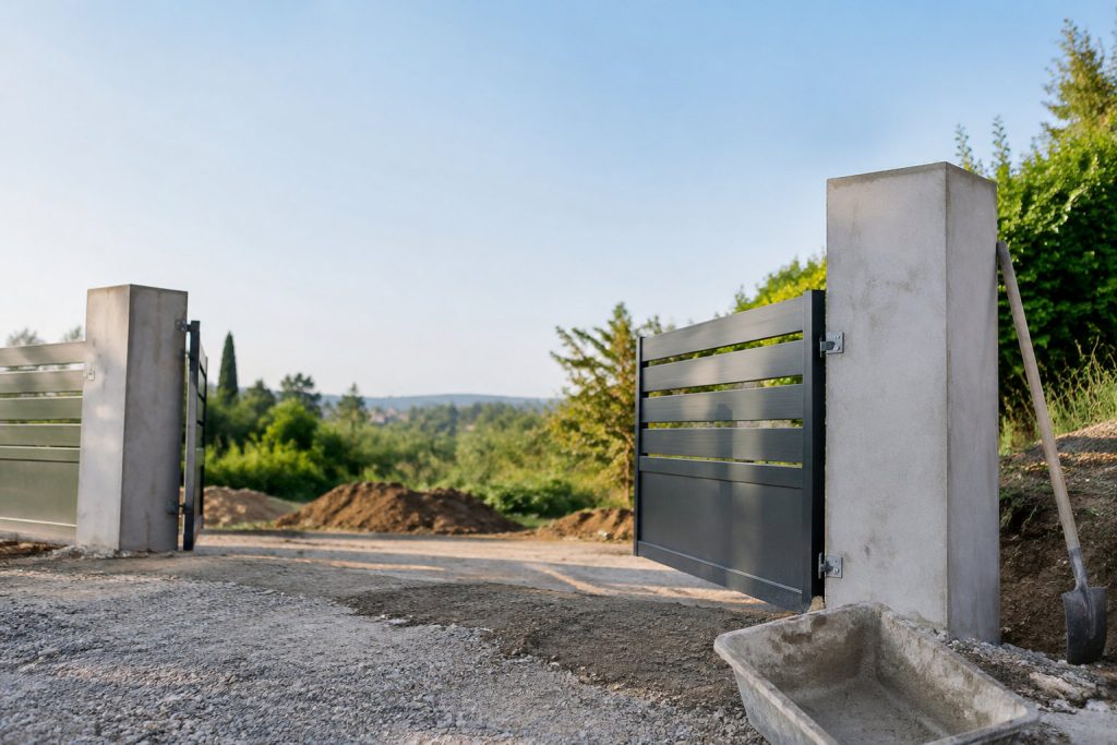 Poteaux de portail en béton frais installés à l'entrée d'une propriété avec une brouette et une pelle.