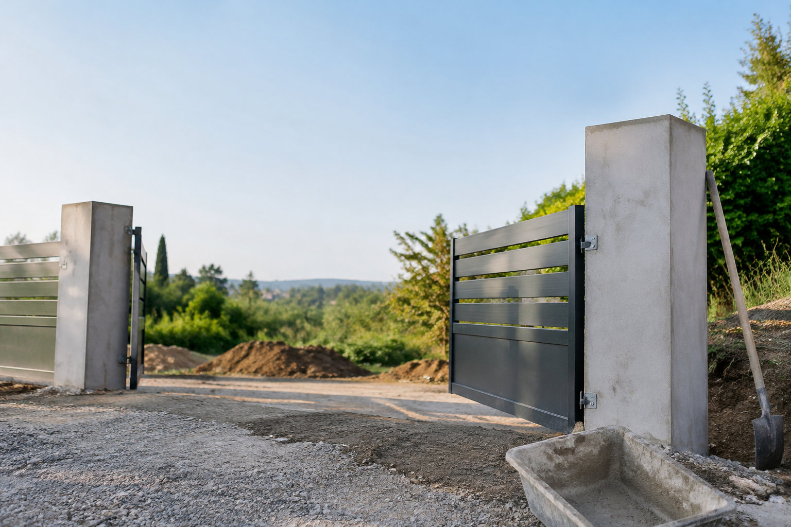 Poteaux de portail en béton frais installés à l'entrée d'une propriété avec une brouette et une pelle.