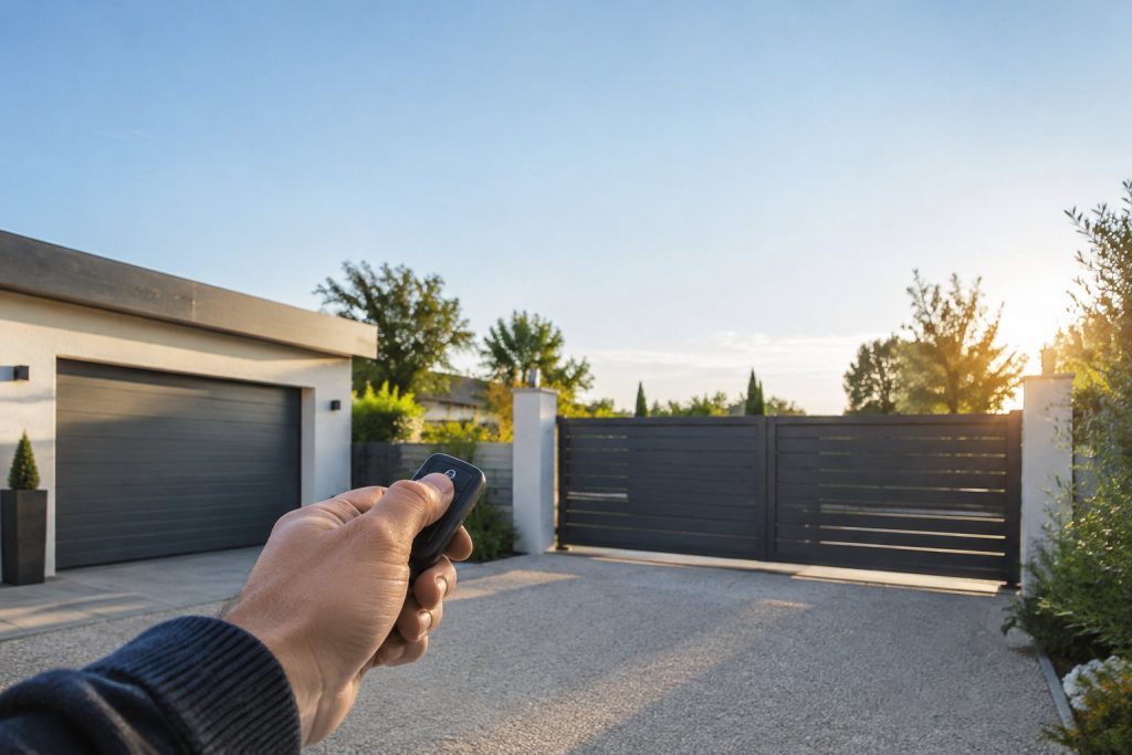 Une main tenant une télécommande pointée vers un portail et un garage modernes dans une allée ensoleillée.