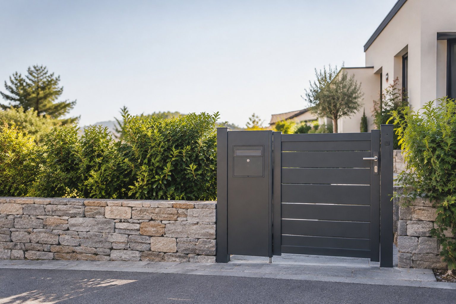 Portillon en aluminium gris anthracite avec boîte aux lettres encastrée, situé à l'entrée d'une maison moderne.