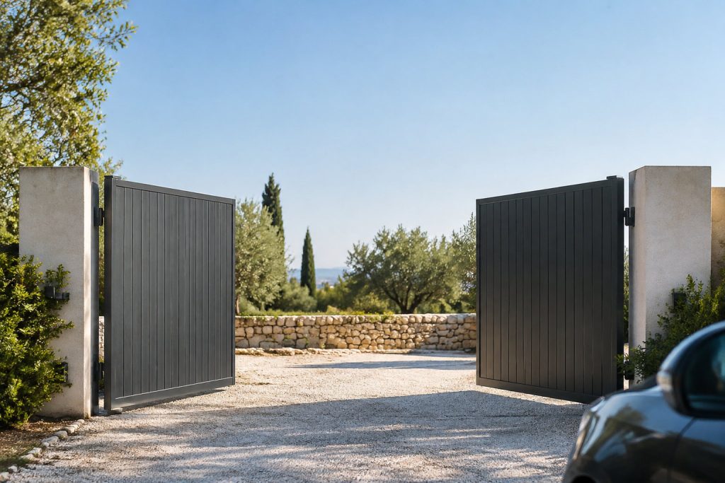 Un portail motorisé moderne en aluminium gris ouvert sur une allée de jardin avec des arbres.