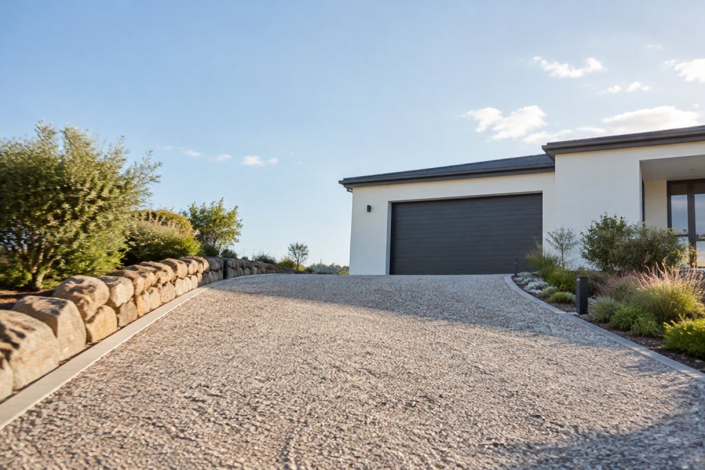 Allée de garage en graviers devant une maison moderne avec un muret en pierres et un jardin paysager.