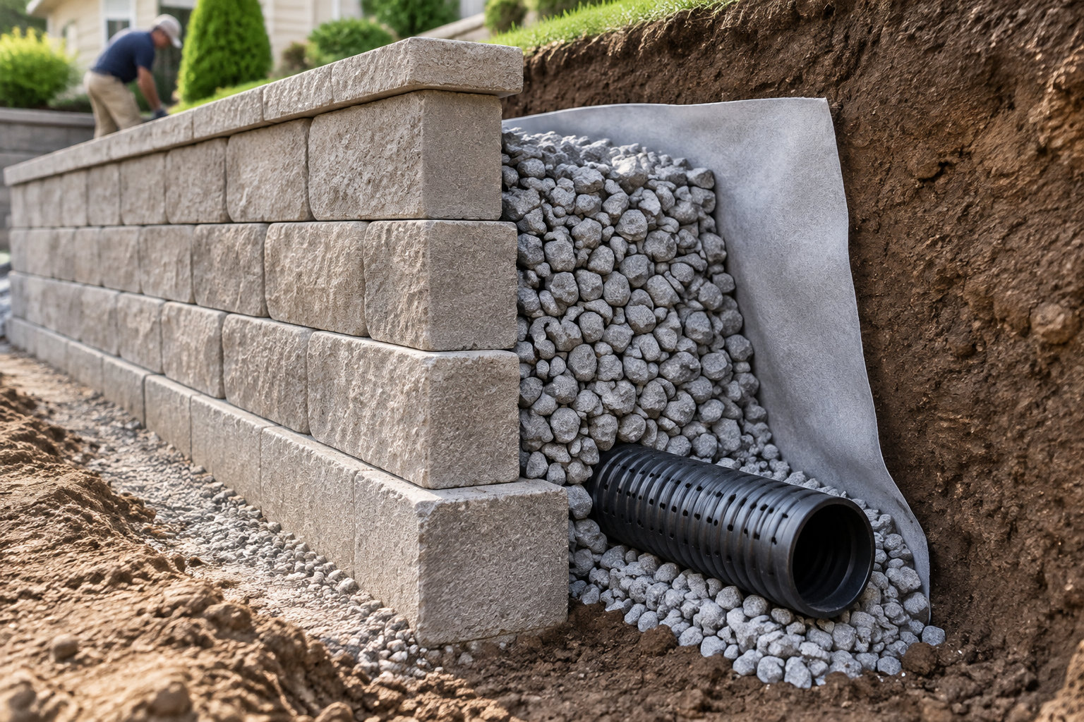 Un mur de soutènement en blocs de pierre est montré en coupe, avec des graviers, une membrane et un tuyau de drainage noir derrière le mur.