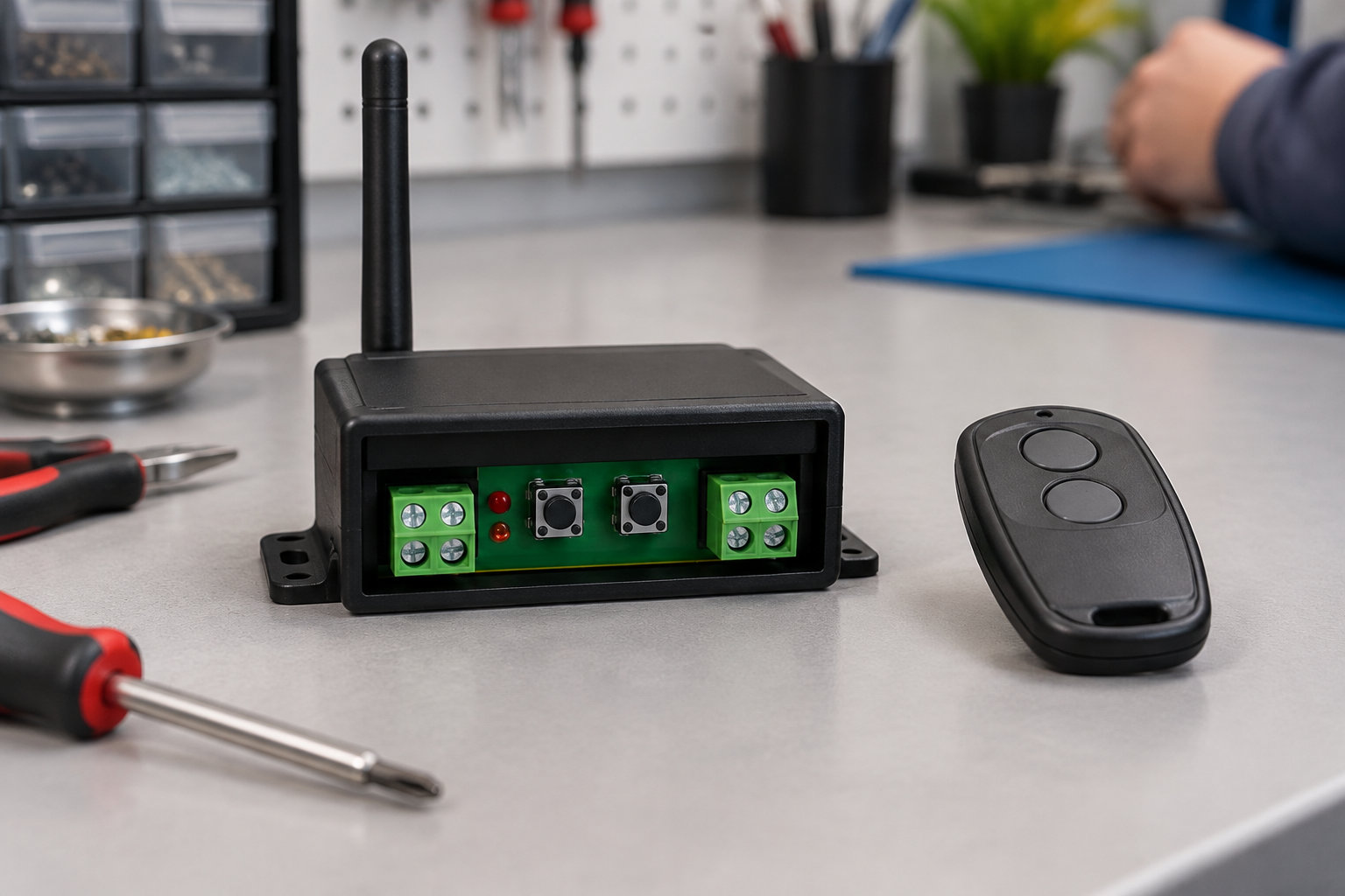 Un boîtier électronique ouvert avec une antenne et des composants est posé sur un établi, à côté d’une télécommande à deux boutons et d’outils.