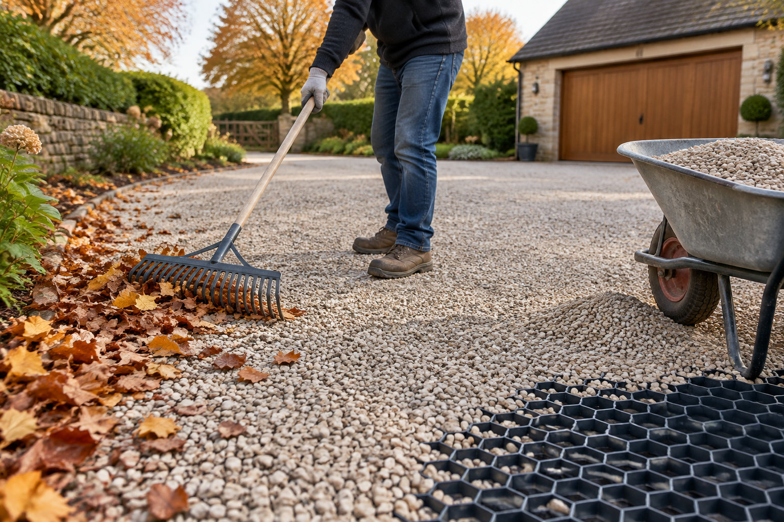 Une personne ratisse des graviers sur une allée bordée de feuilles mortes, près d’une brouette remplie de pierres et d’un garage.