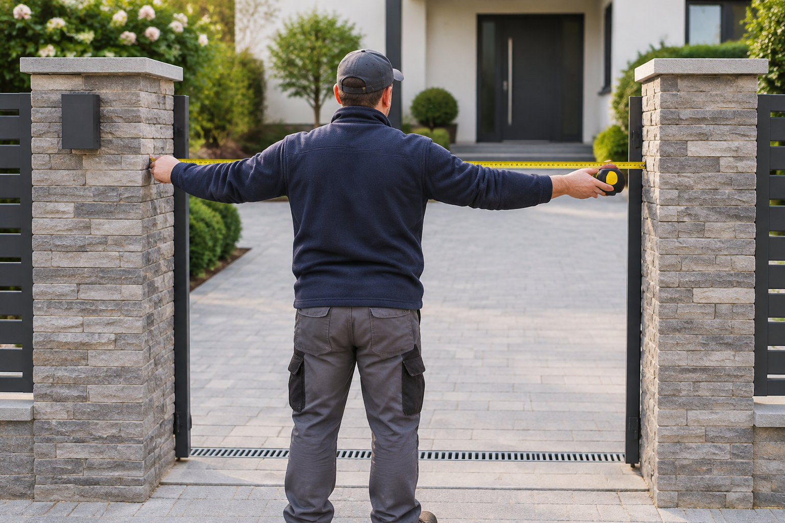 Un homme mesure avec un mètre ruban la largeur de l’entrée entre deux piliers en pierre, devant une maison.