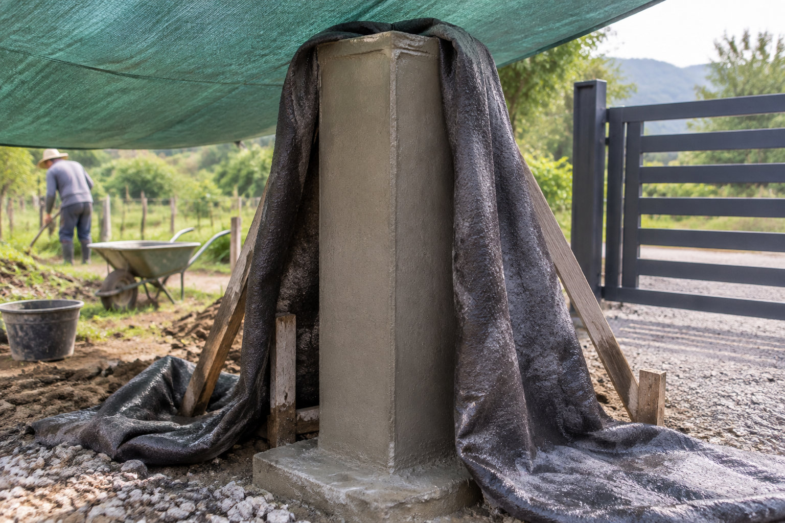 Un poteau en béton frais est maintenu par des planches et recouvert d’une bâche, tandis qu’un ouvrier travaille dans le jardin à proximité d’une brouette et d’un portail.