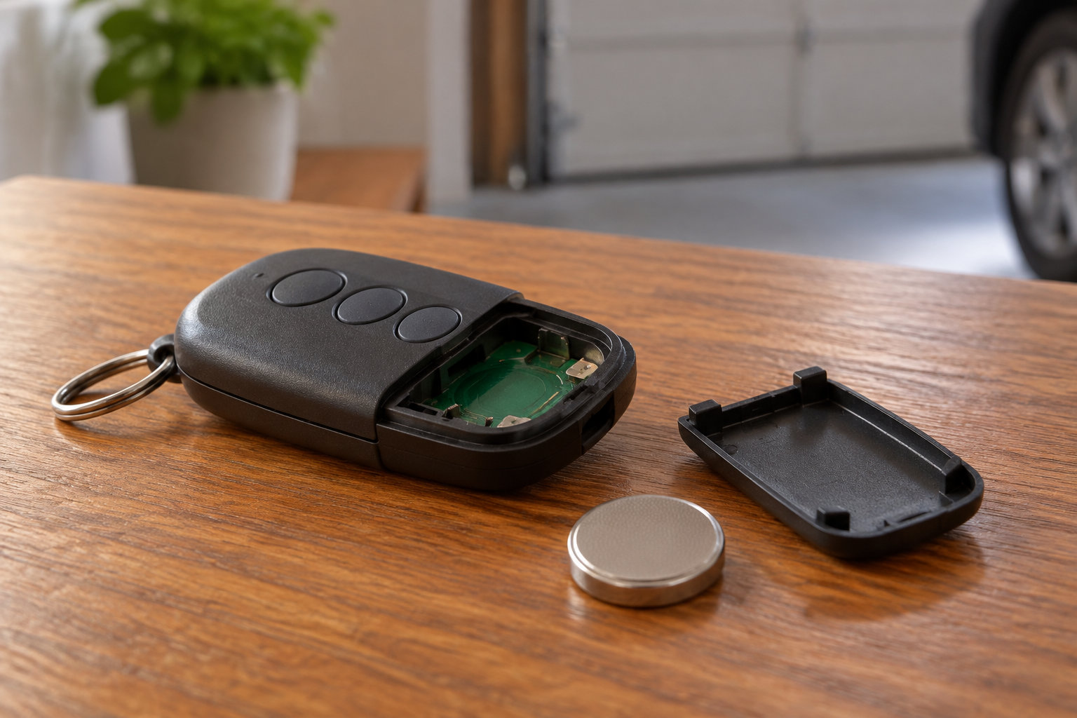 Une télécommande noire ouverte, une pile bouton et son couvercle sont posés sur une table en bois.