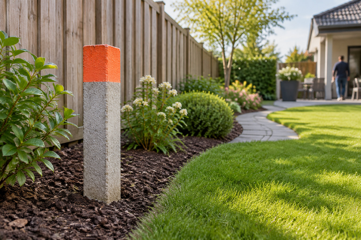 Un jardin aménagé avec une pelouse, des arbustes fleuris, une clôture en bois et une borne en béton à sommet orange, tandis qu’un homme s’éloigne vers une maison.