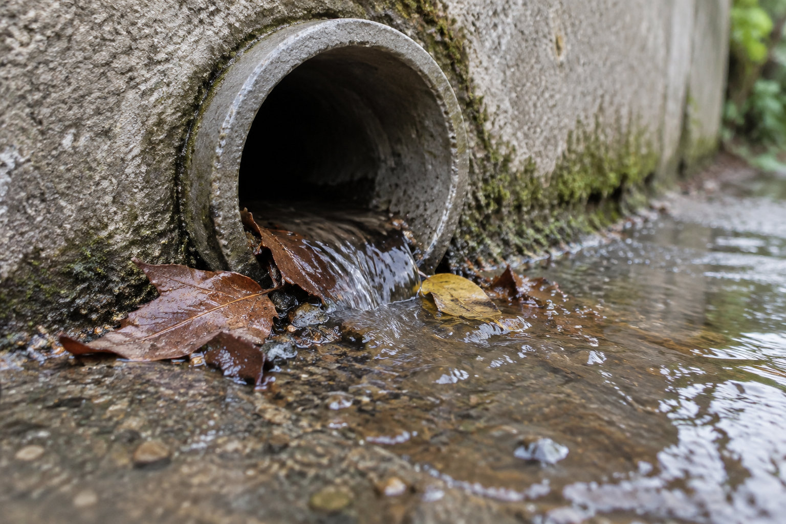 De l’eau s’écoule d’un conduit en béton dans un petit ruisseau parsemé de feuilles mortes.